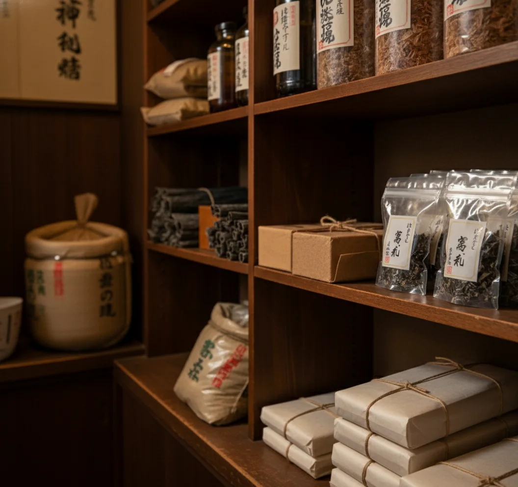 約7坪の店内、棚に並ぶ品